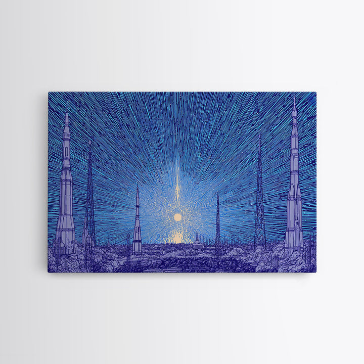 Blue Rocket Skyline Canvas Print, Retro Sci Fi Space Poster, Midcentury Modern Wall Art, Starry Atomic MCM Office Decor Print