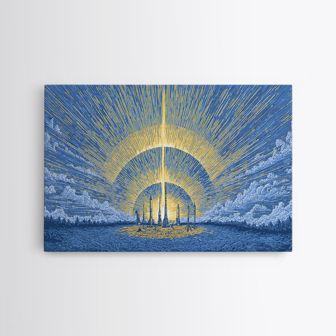 Blue Solar City Wall Art, Futuristic Sunrise Poster, Midcentury Modern Art Print, Retro Space Abstract Large MCM Home Decor