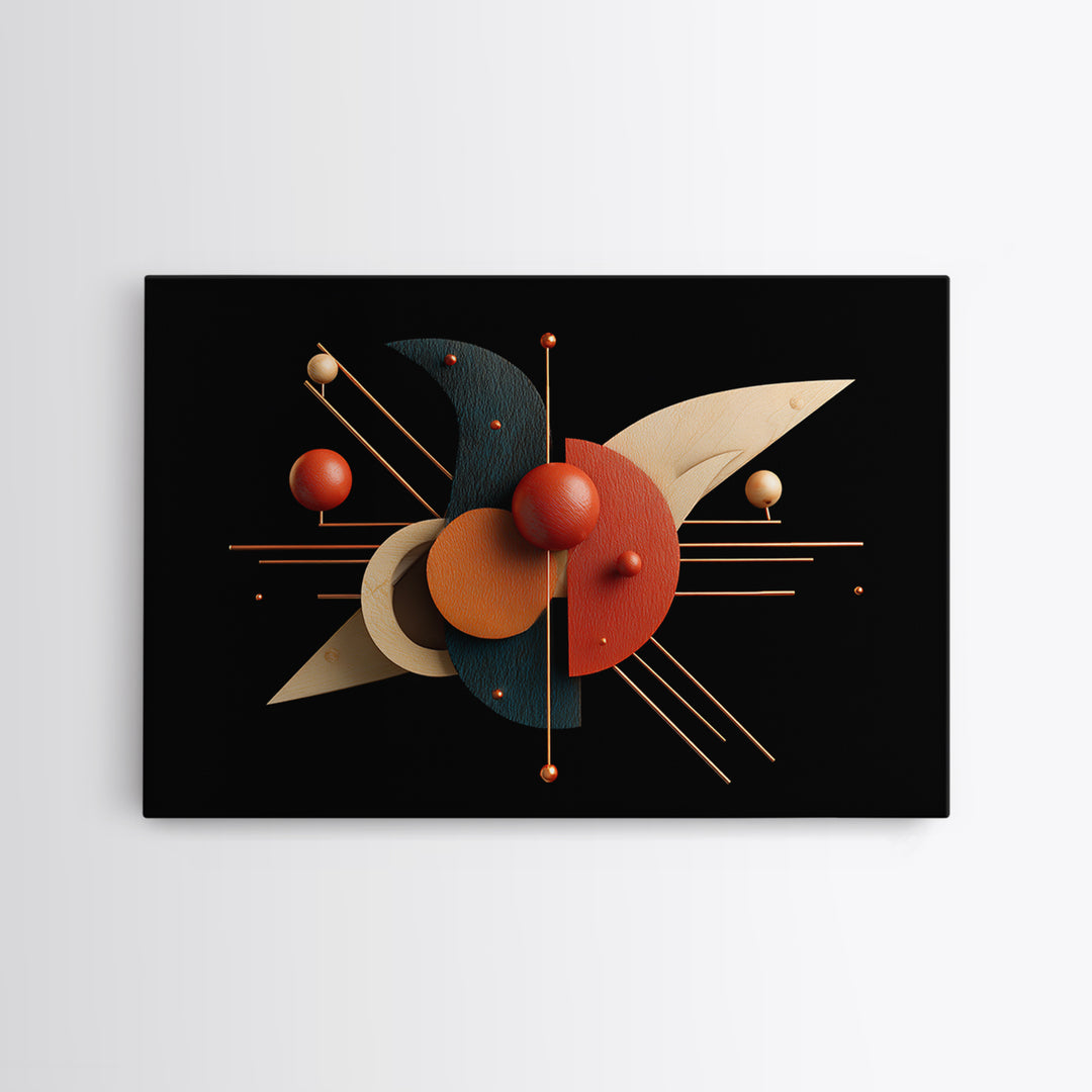 Atomic Sphere Sculpture Wall Art, Black Orange Geometric Canvas Print, Midcentury Modern Abstract Large Retro MCM Office Decor