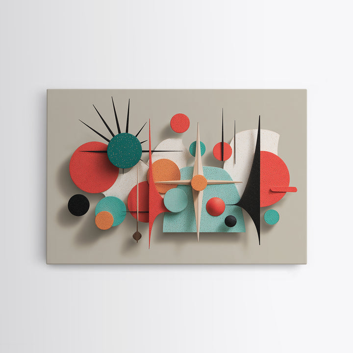Coral Teal Geometric Wall Art, Modern Abstract Sculpture Canvas Print, Midcentury Modern Decor, Retro MCM Home Decor Print