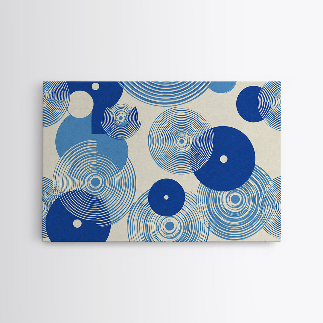Blue Concentric Circle Pattern Canvas Print, Scandinavian Modern Wall Art, Geometric Abstract Decor, Minimal MCM Poster Print