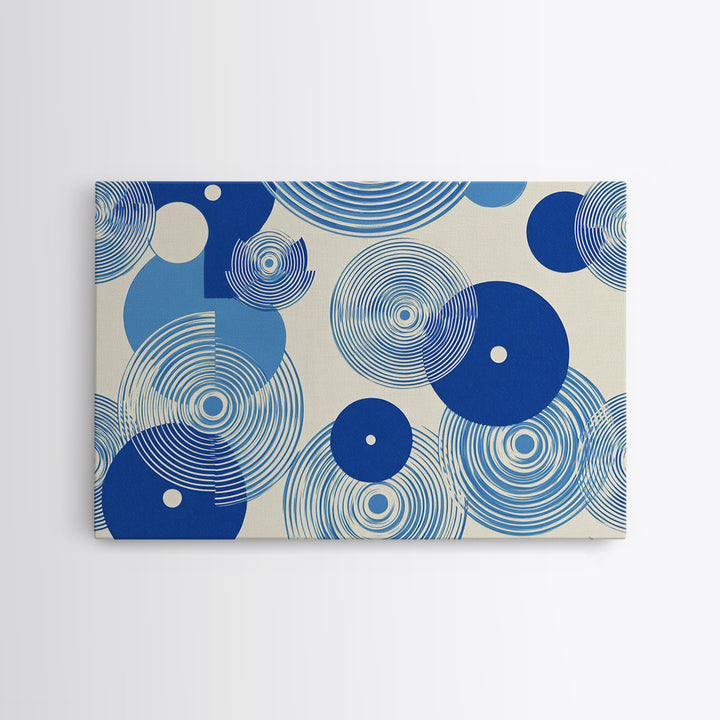 Blue Concentric Circle Pattern Canvas Print, Scandinavian Modern Wall Art, Geometric Abstract Decor, Minimal MCM Poster Print