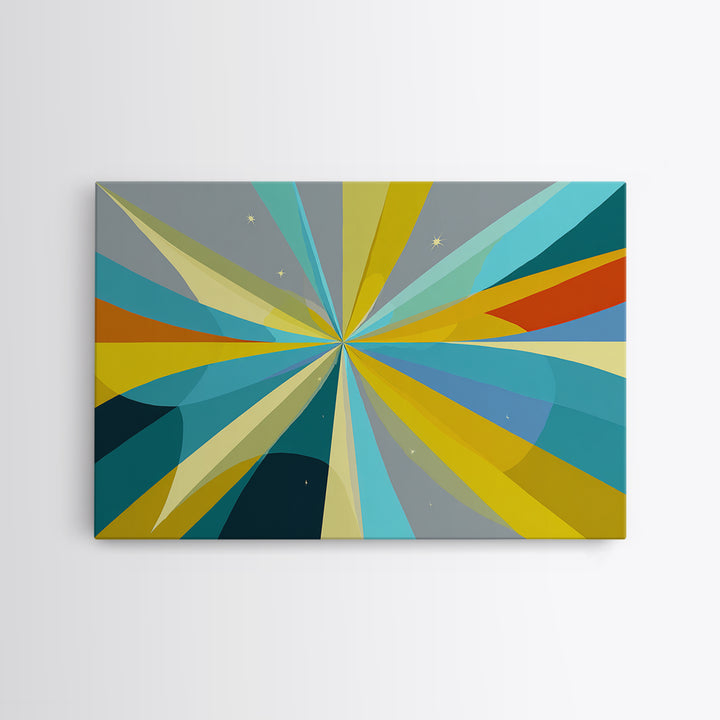 Radiant Starburst Wall Art, Blue Yellow Geometric Abstract Print, Midcentury Modern Decor, Retro MCM Large Living Room Decor
