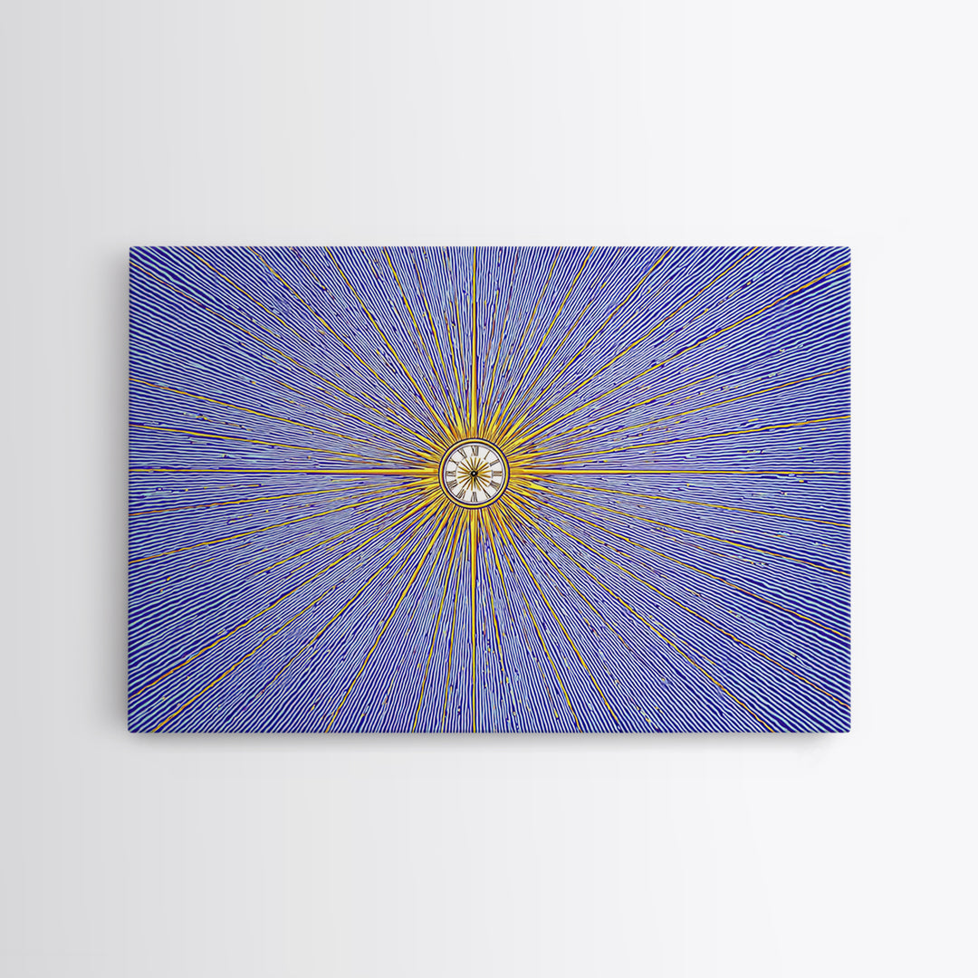 Blue Gold Radial Starburst Clock Canvas Print, Mid Century Modern Wall Decor, Atomic Retro Art Print, MCM Home Decor, Living Room Artwork