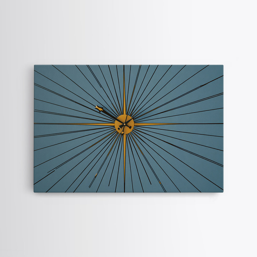 Minimal Gold Starburst Clock On Teal Wall Art, Mid Century Modern Decor, Atomic Geometric Art Print, Retro MCM Poster, Home Office Decor