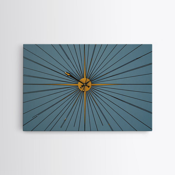 Minimal Gold Starburst Clock On Teal Wall Art, Mid Century Modern Decor, Atomic Geometric Art Print, Retro MCM Poster, Home Office Decor