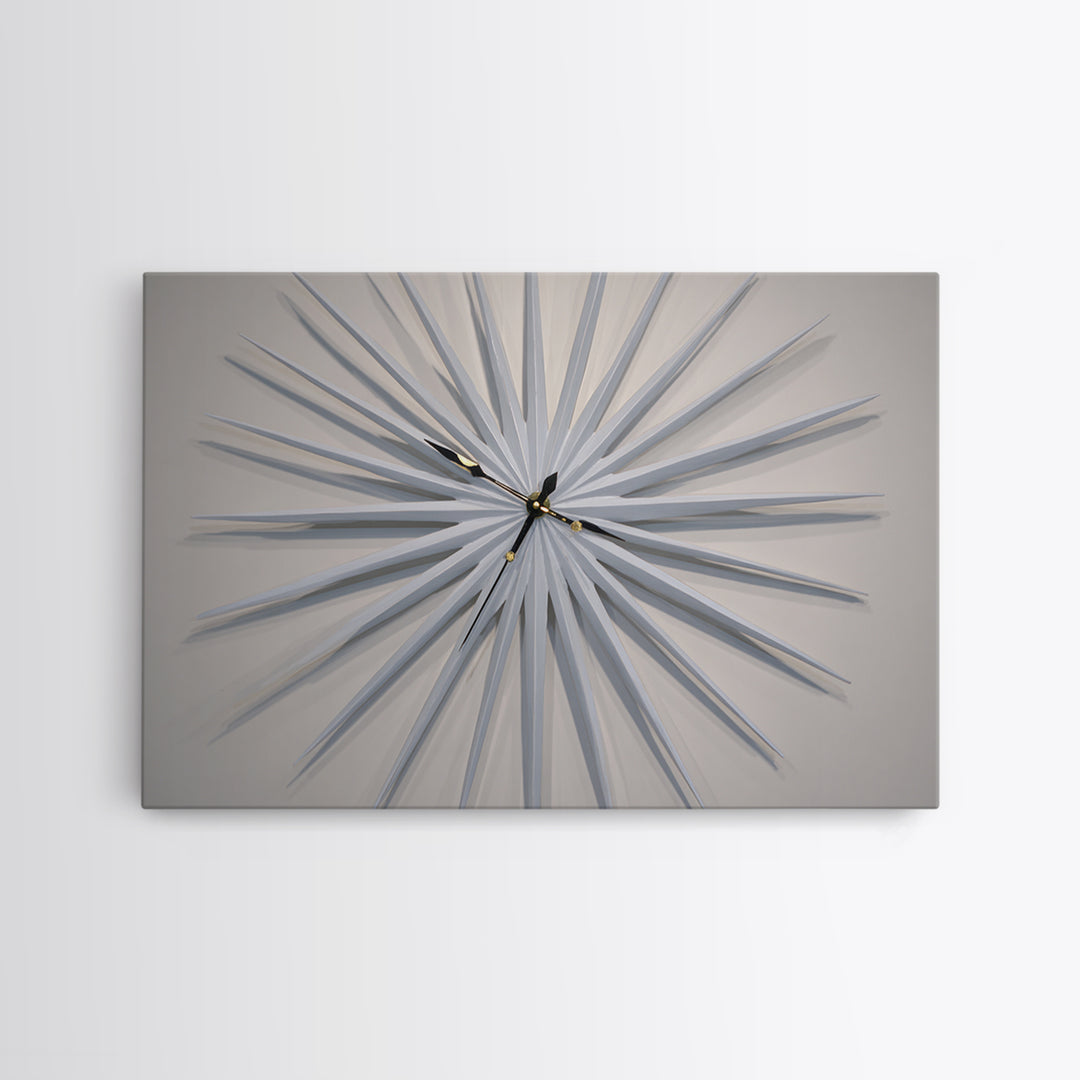 White Sculptural Starburst Clock Framed Canvas Print, Mid Century Modern Wall Decor, Minimalist MCM Art For Bedroom, Living Room Decor
