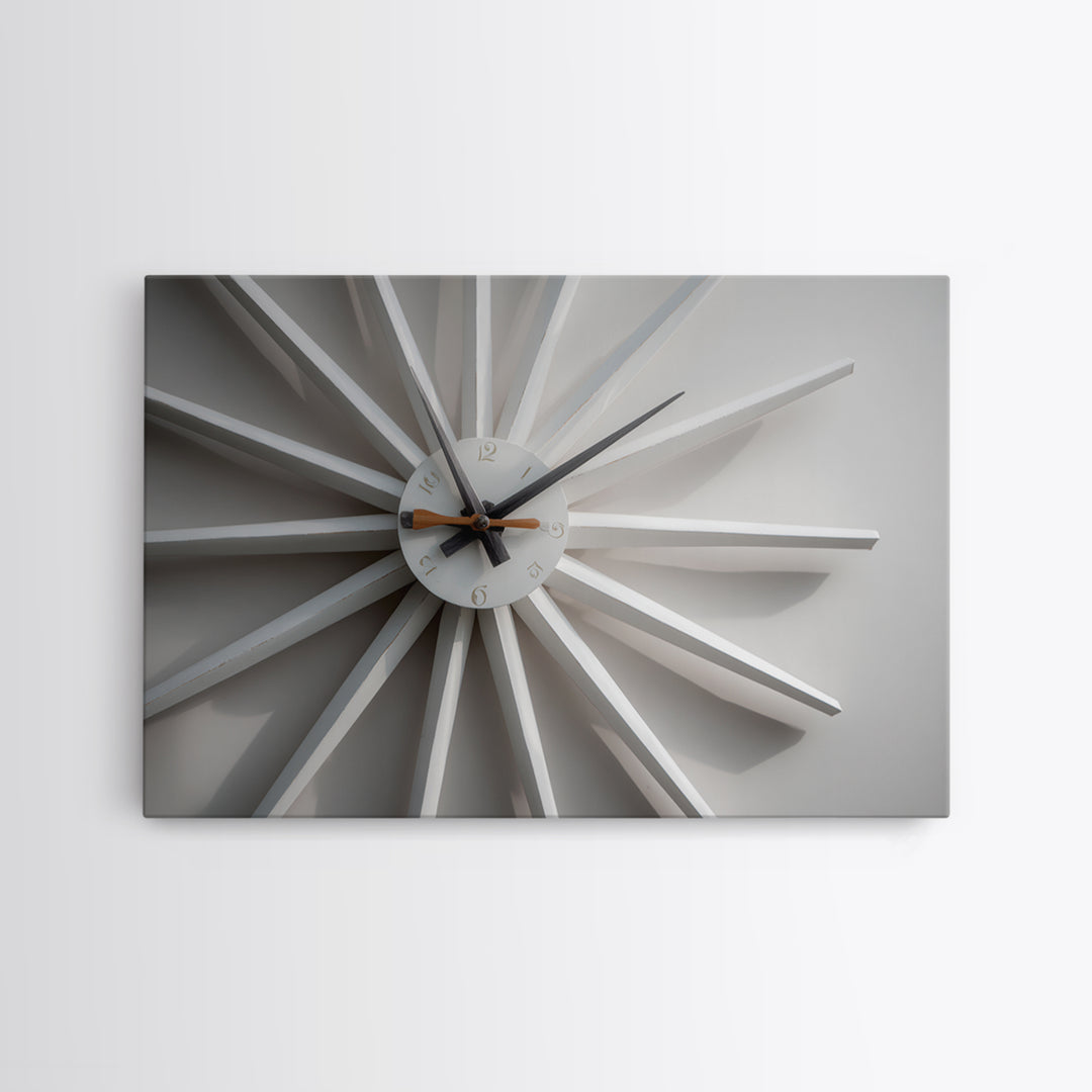 Close Up White Atomic Clock Canvas Print, Mid Century Modern Decor, Minimalist Wall Art, Retro MCM Living Room Poster Print