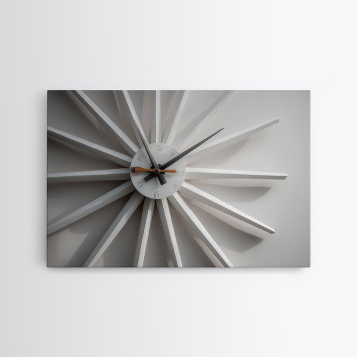 Close Up White Atomic Clock Canvas Print, Mid Century Modern Decor, Minimalist Wall Art, Retro MCM Living Room Poster Print