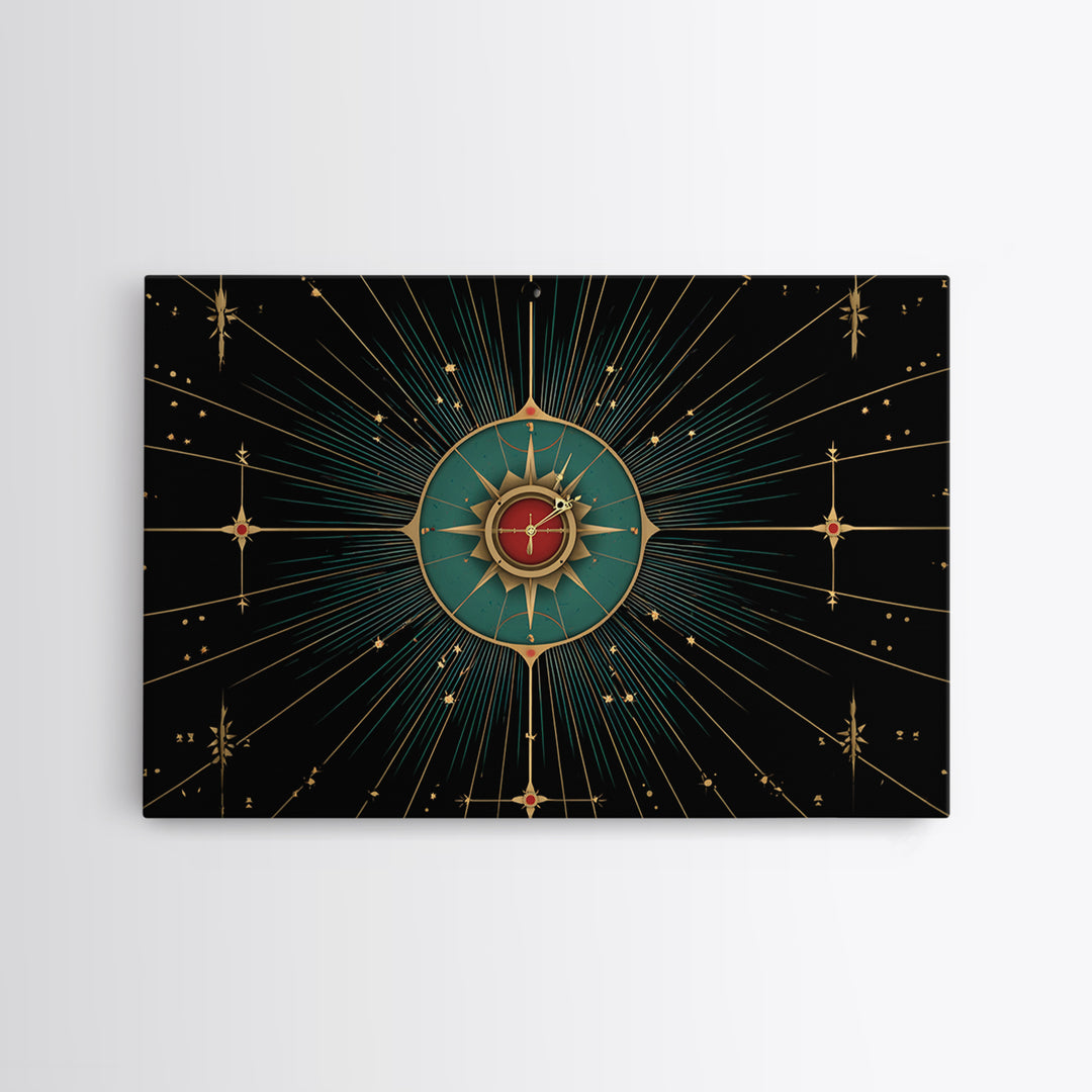Celestial Teal Compass Clock Framed Canvas Print, Mid Century Modern Wall Decor, Atomic Starburst Art, Retro MCM Poster Print