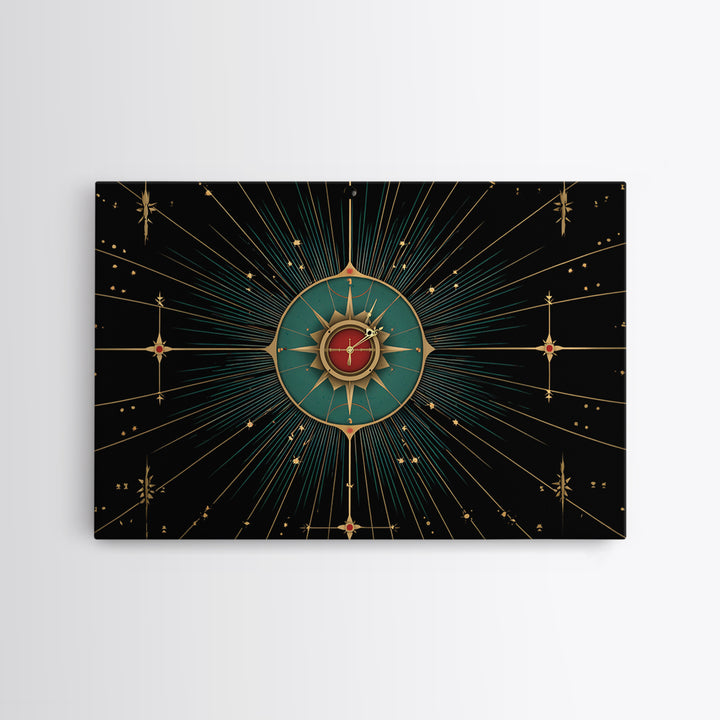 Celestial Teal Compass Clock Framed Canvas Print, Mid Century Modern Wall Decor, Atomic Starburst Art, Retro MCM Poster Print