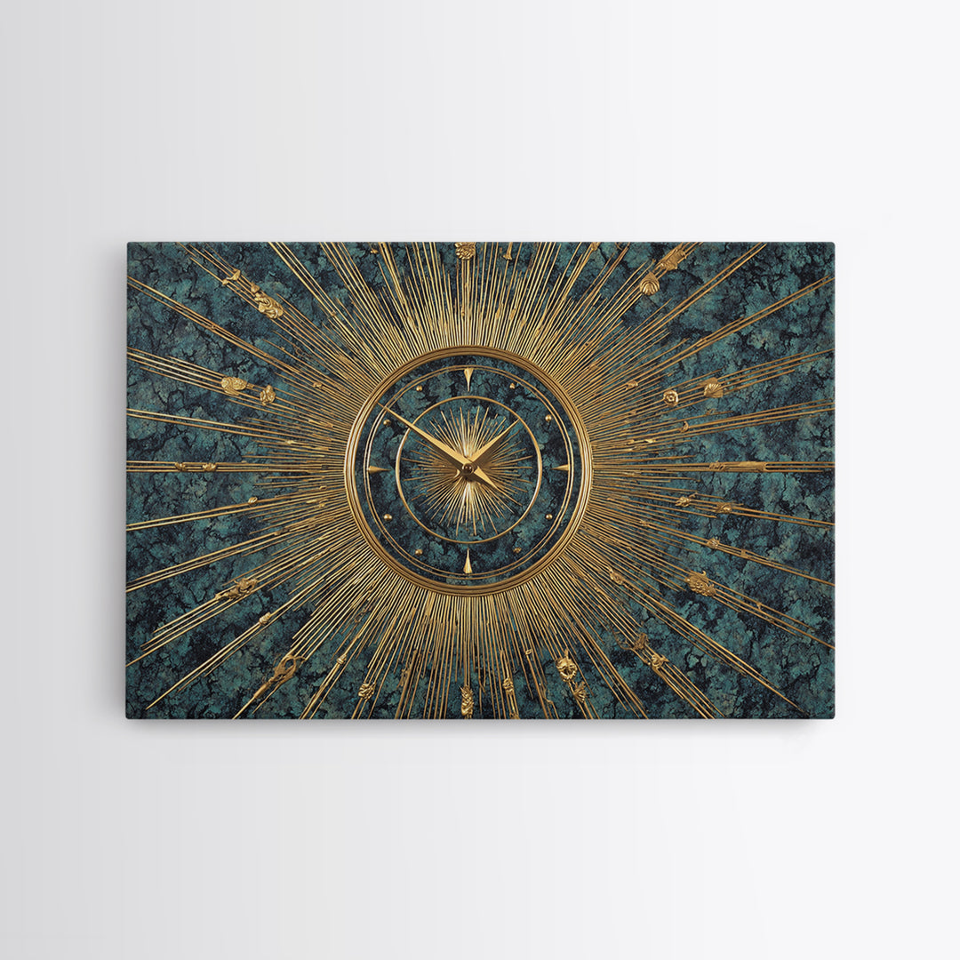 Ornate Gold Starburst Clock On Blue Wall Art, Mid Century Modern Decor, Atomic Art Deco Poster, Elegant MCM Art Print, Home Decor