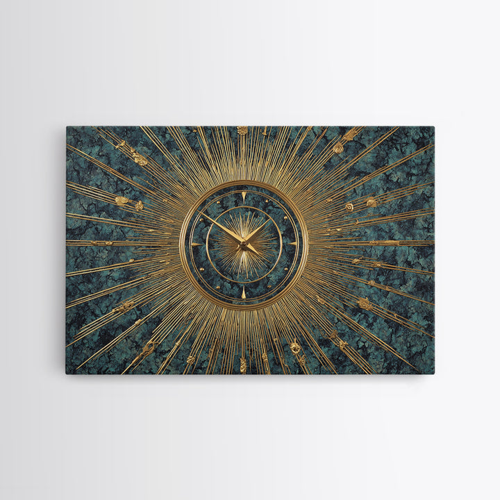 Ornate Gold Starburst Clock On Blue Wall Art, Mid Century Modern Decor, Atomic Art Deco Poster, Elegant MCM Art Print, Home Decor