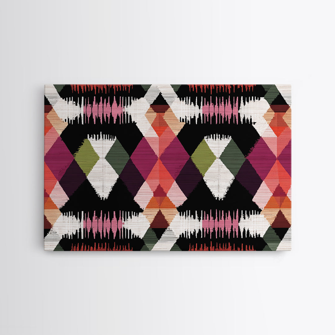 Colorful Diamond Ikat Pattern Framed Canvas Print, Retro Geometric Wall Art, Boho Mid Century Decor, Bold Abstract Poster