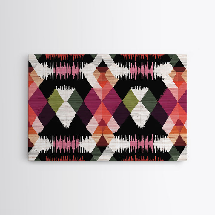 Colorful Diamond Ikat Pattern Framed Canvas Print, Retro Geometric Wall Art, Boho Mid Century Decor, Bold Abstract Poster