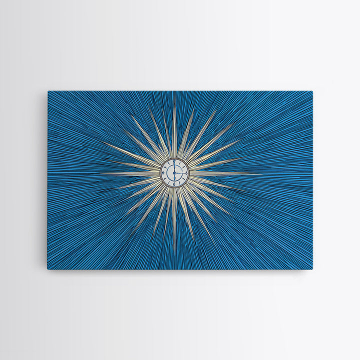 Blue White Radial Starburst Clock Canvas Print, Mid Century Modern Wall Decor, Atomic Retro Art Print, MCM Home Office Decor