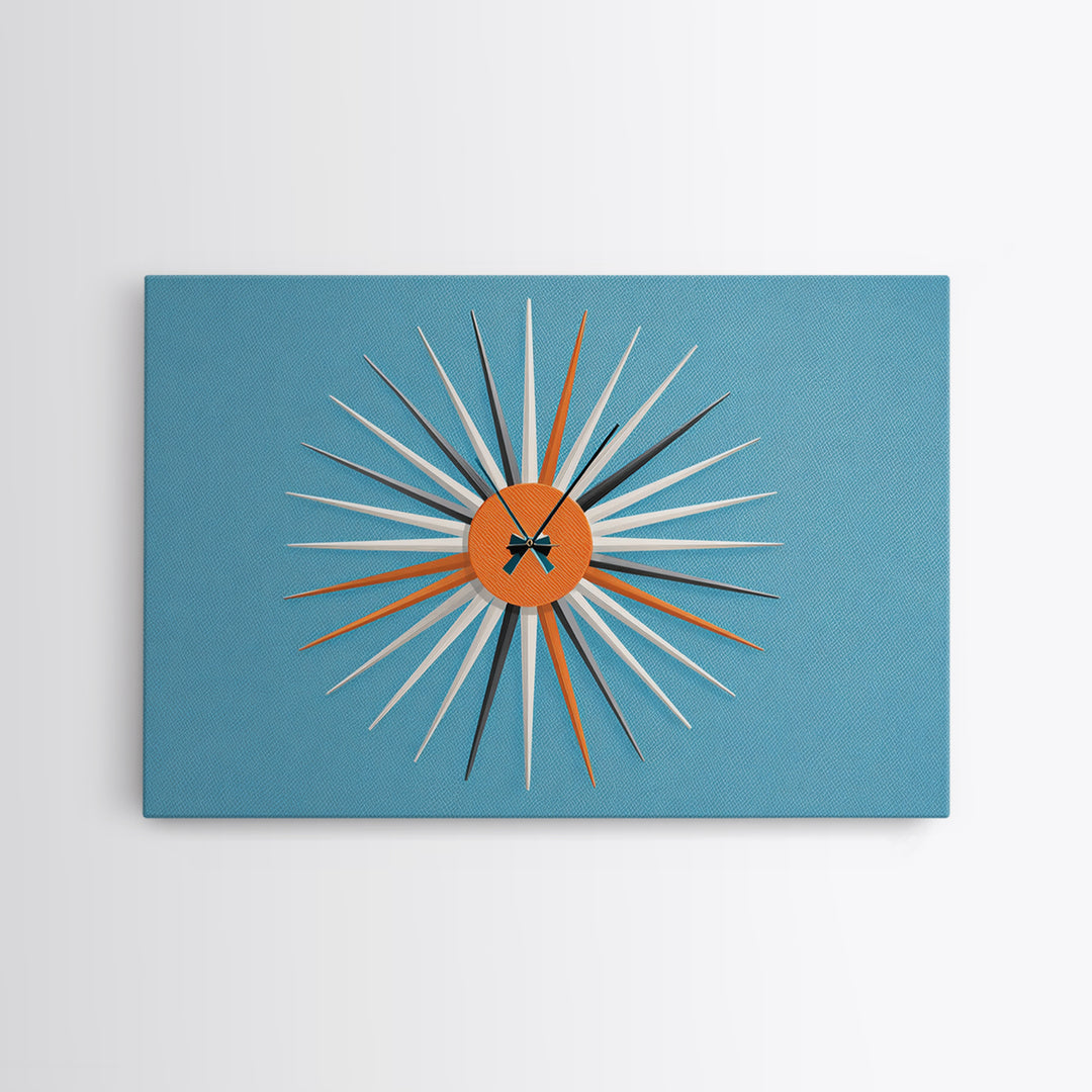 Orange Sunburst Clock On Blue Wall Art, Midcentury Modern Art, Atomic Starburst Print, Retro Wall Decor For Living Room Art