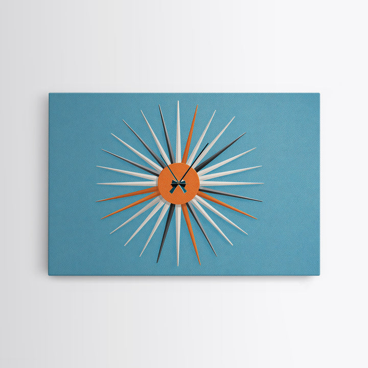 Orange Sunburst Clock On Blue Wall Art, Midcentury Modern Art, Atomic Starburst Print, Retro Wall Decor For Living Room Art
