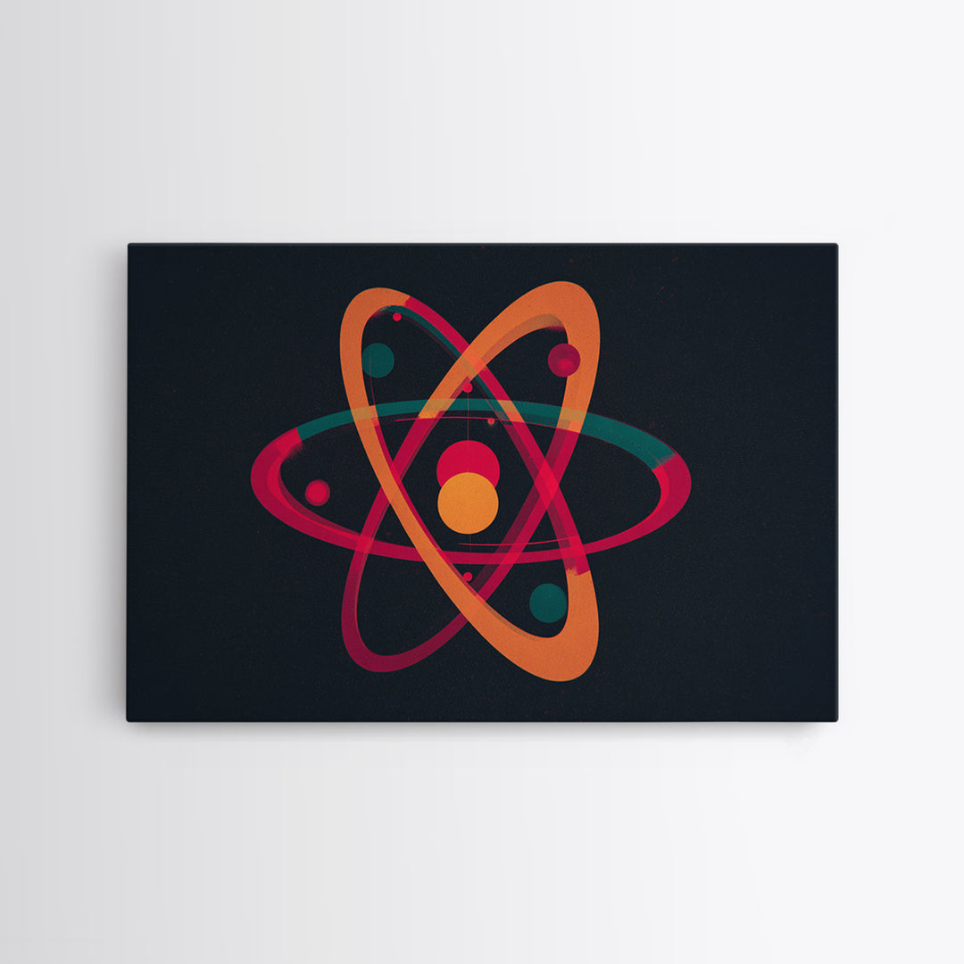 Retro Atomic Orbit On Black Canvas Print, Midcentury Modern Art, Space Abstract Art, MCM Wall Decor For Home Office Or Den