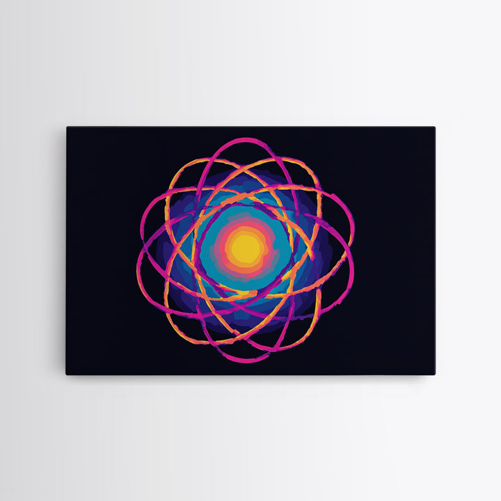 Glowing Rainbow Atom On Navy Framed Canvas Print, Bright Abstract Art, Modern Wall Art, Colorful Sci Fi Retro Poster Print