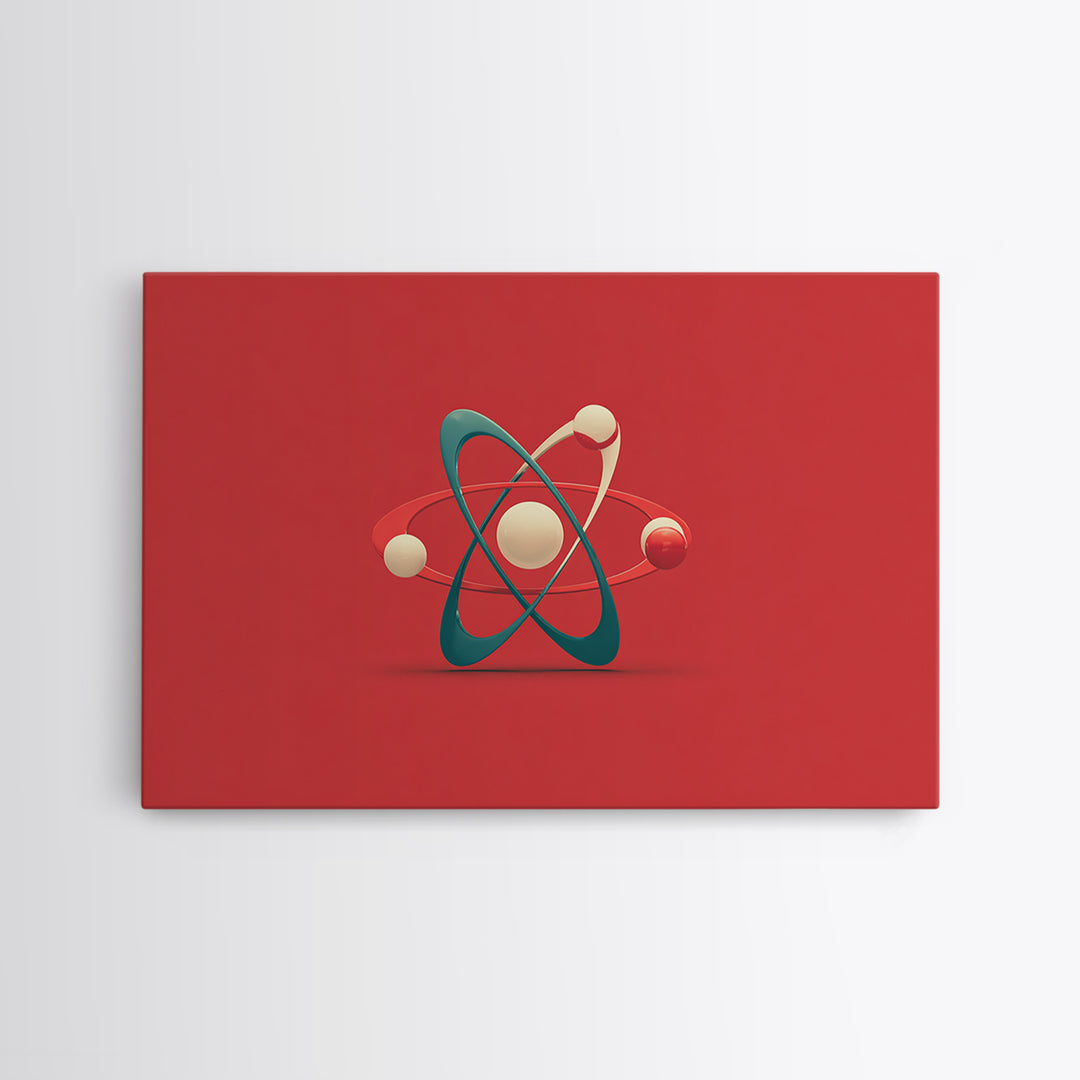 Minimal 3D Atom Sculpture On Red Canvas Print, Midcentury Modern Art, Retro Science Poster, Modern Wall Decor Gift For Him