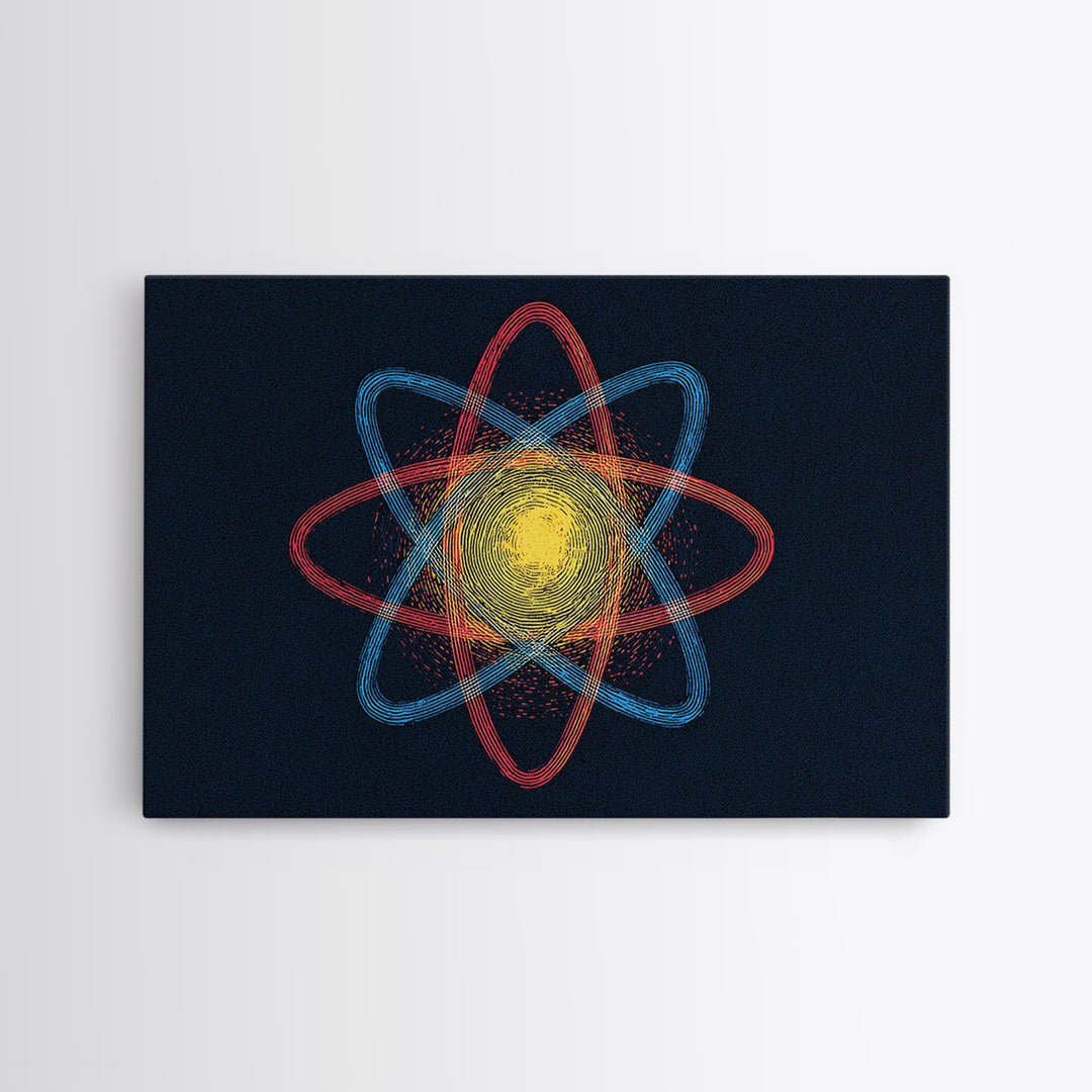 Etched Yellow Atom On Dark Blue Canvas Print, Atomic Retro Art, Midcentury Wall Art, Space Abstract Art For Office Decor