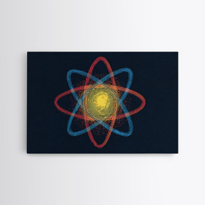 Etched Yellow Atom On Dark Blue Canvas Print, Atomic Retro Art, Midcentury Wall Art, Space Abstract Art For Office Decor