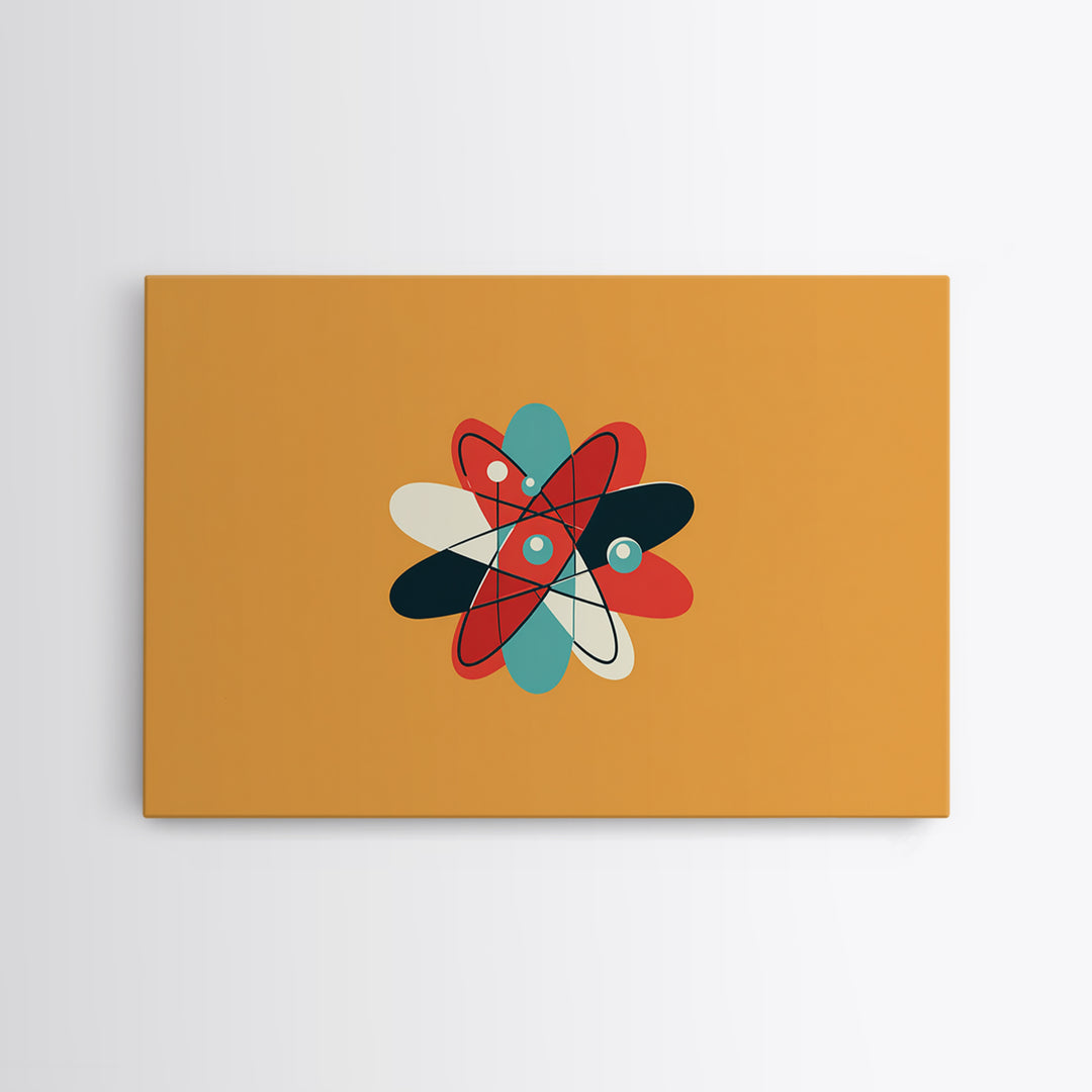 Flat Atomic Flower On Mustard Wall Art, Midcentury Modern Art, Geometric Poster, Retro Wall Decor For Kids Room And Nursery
