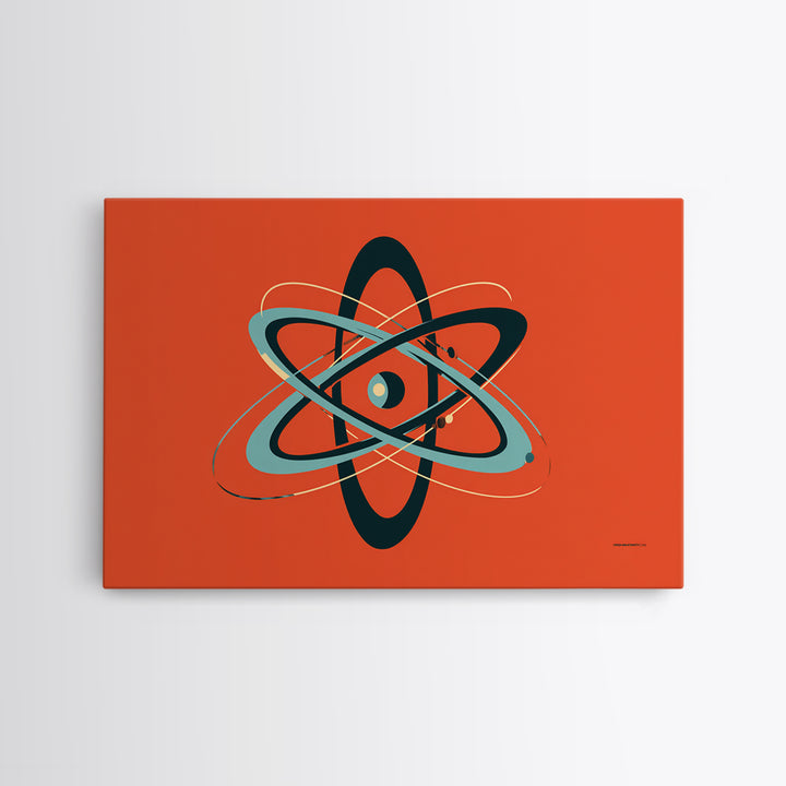 Teal Black Atomic Orbit On Orange Framed Canvas Print, Retro Modern Poster, Midcentury Wall Art, Bold MCM Wall Decor Art