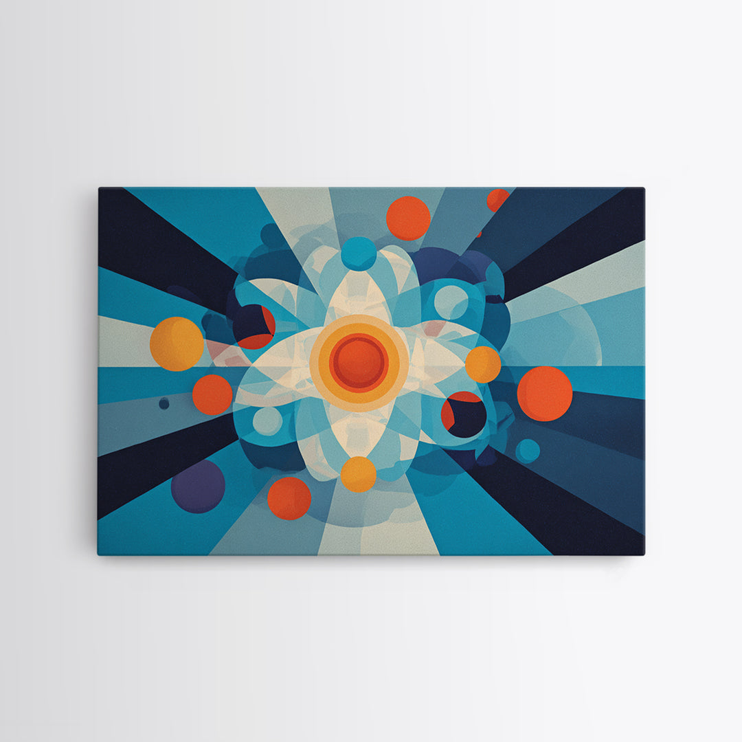 Geometric Atomic Burst With Circles Wall Art, Midcentury Modern Art, Blue Orange Abstract Poster, Statement Wall Decor Art
