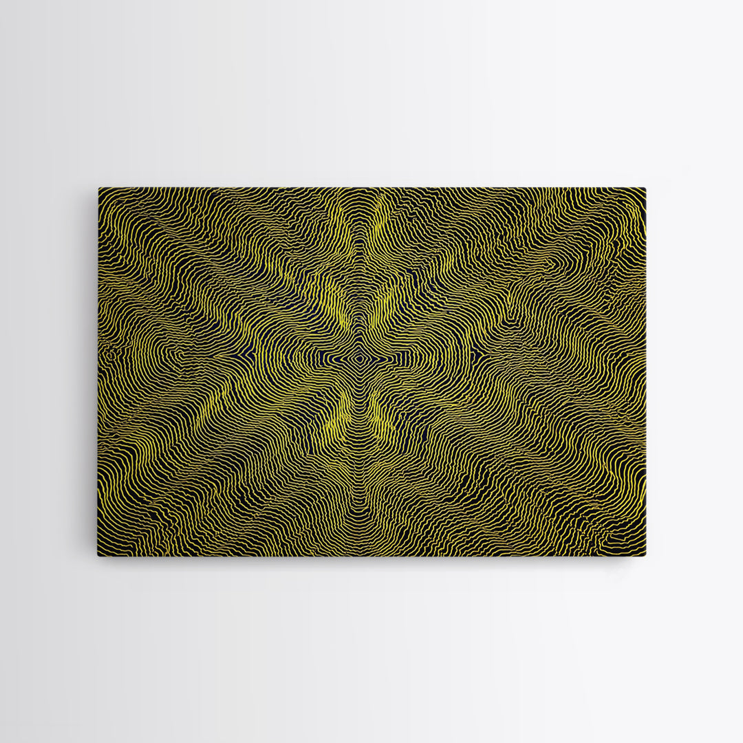 Yellow Topographic Line Optical Wall Art, Modern Abstract Op Art Print, Black Geometric Decor, Trippy Minimal Poster For Living Room