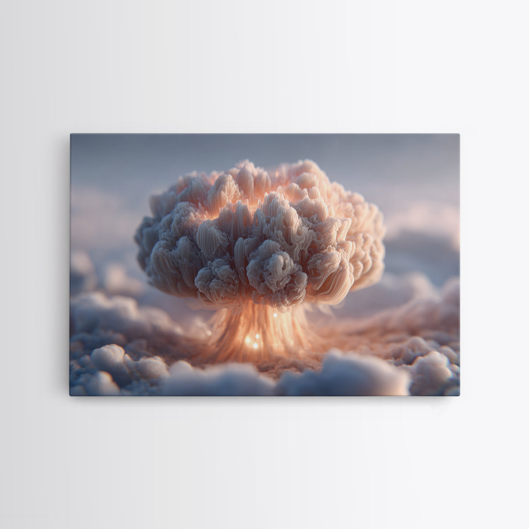 Dreamy Peach Mushroom Cloud Framed Canvas Print, Modern Abstract Art, Surreal Cloudscape, Soft Pastel Bedroom Decor, Gallery Wall Art