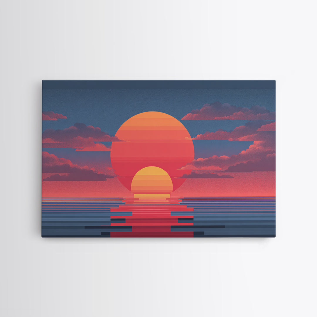 Retro Double Sun Ocean Wall Art, Midcentury Modern Art Print, Vaporwave Sunset Poster, Pink Blue Living Room Decor, Digital Art Print