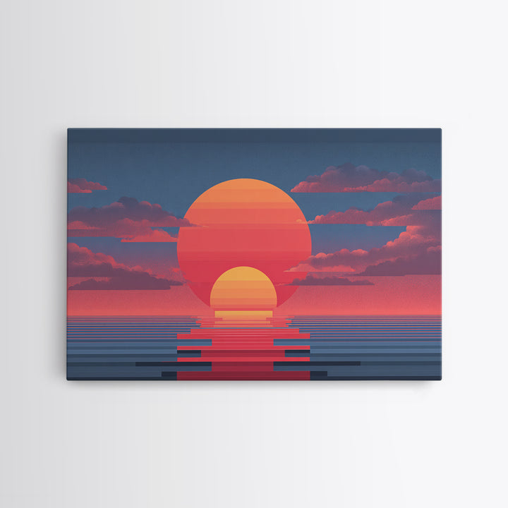 Retro Double Sun Ocean Wall Art, Midcentury Modern Art Print, Vaporwave Sunset Poster, Pink Blue Living Room Decor, Digital Art Print