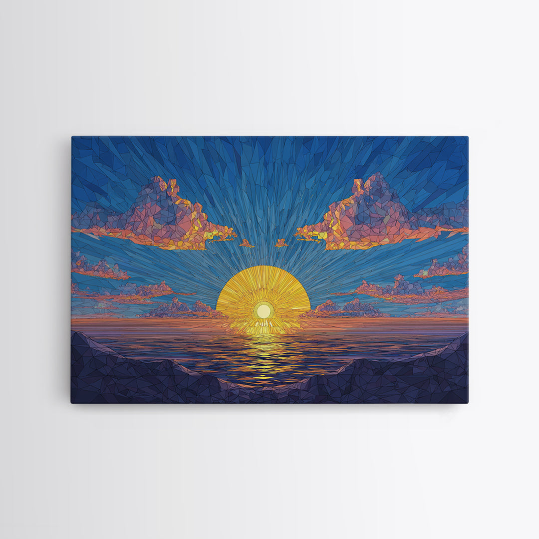 Polygon Sunset Ocean Framed Canvas Print, Midcentury Modern Wall Art, Geometric Seascape Poster, Colorful Home Decor, Blue Art Print