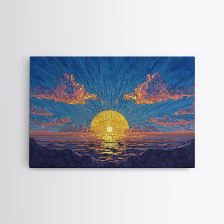 Polygon Sunset Ocean Framed Canvas Print, Midcentury Modern Wall Art, Geometric Seascape Poster, Colorful Home Decor, Blue Art Print