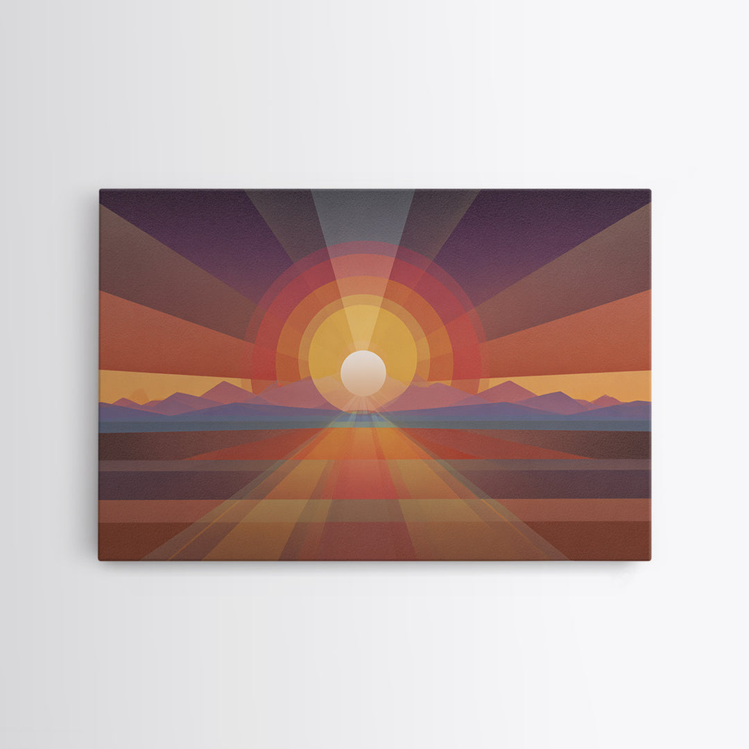 Geometric Desert Sunrise Wall Art, Midcentury Modern Abstract Art, Orange Sun Poster, Boho Southwestern Home Decor, Canvas Print