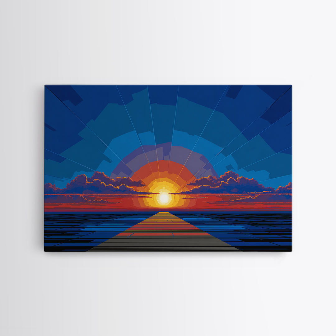 Bold Blue Sunset Pier Canvas Print, Retro Modern Wall Art, Midcentury Ocean Poster, Graphic Living Room Wall Decor, Large Art Print