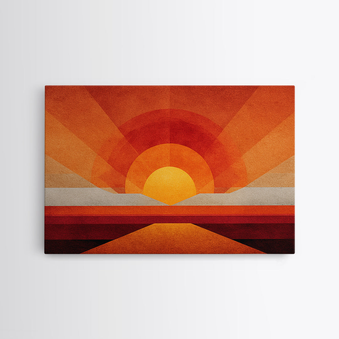 Orange Desert Sun Road Wall Art, Midcentury Modern Poster, Abstract Geometric Landscape, Burnt Orange Home Decor, Canvas Print