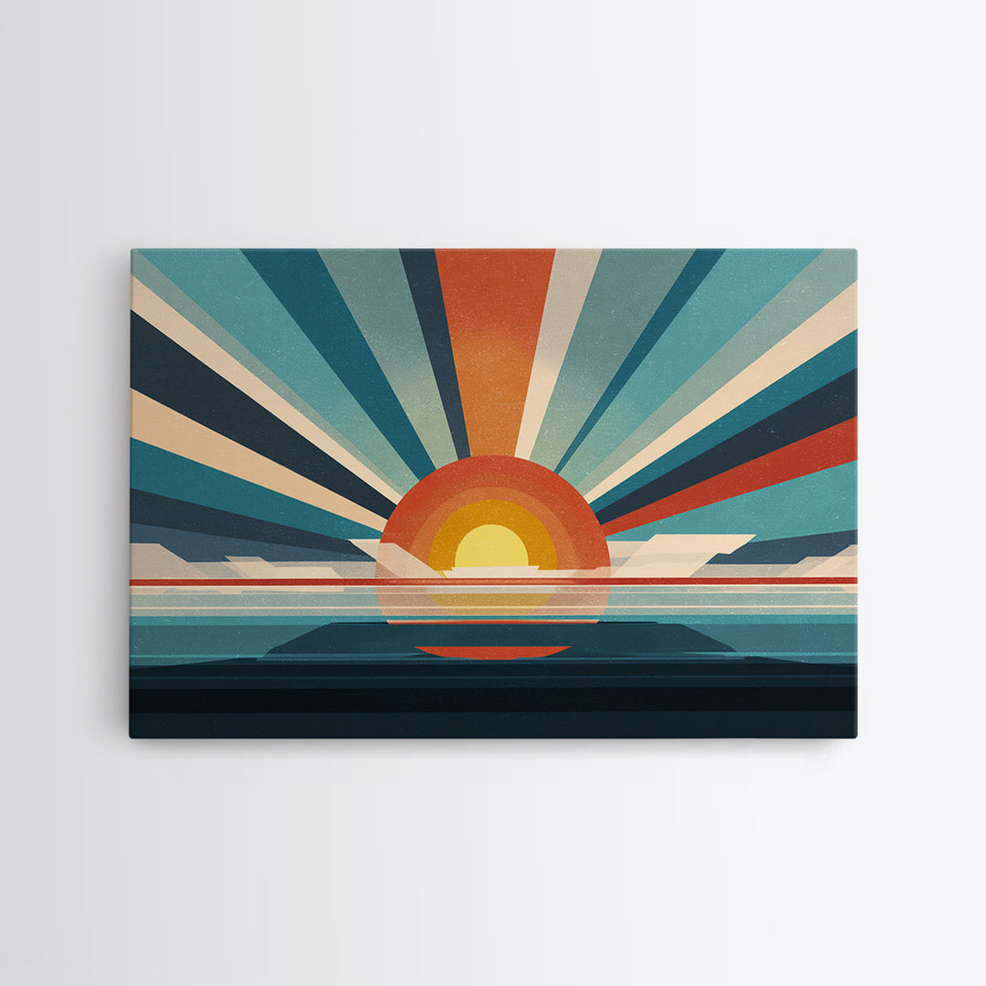 Retro Radial Sunrise Ocean Framed Canvas Print, Midcentury Modern Wall Art, Teal Orange Poster, Atomic MCM Decor, Living Room Art