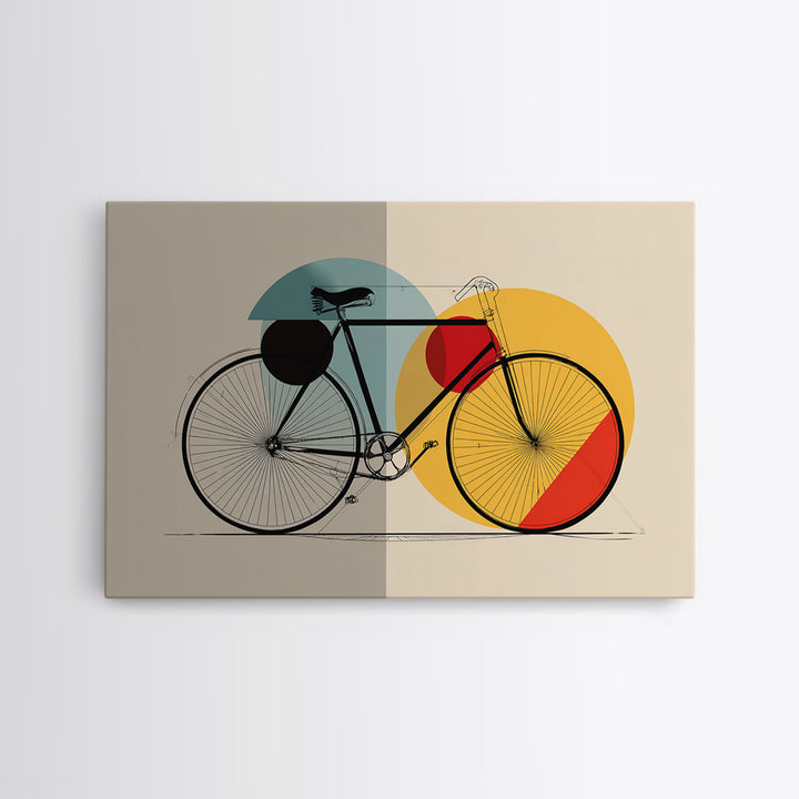 Minimalist Bicycle Framed Canvas Print, Midcentury Modern Wall Art, Orange Yellow Circle Decor, Geometric Bike Poster Gift