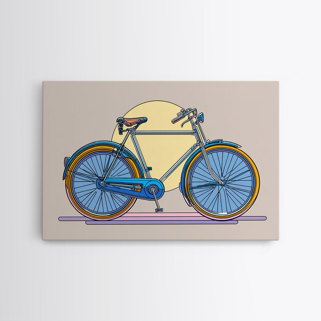 Blue Cruiser Bicycle Canvas Print, Midcentury Modern Wall Art, Retro Bike Poster, Yellow Sun Decor For Home Office Decor Gift