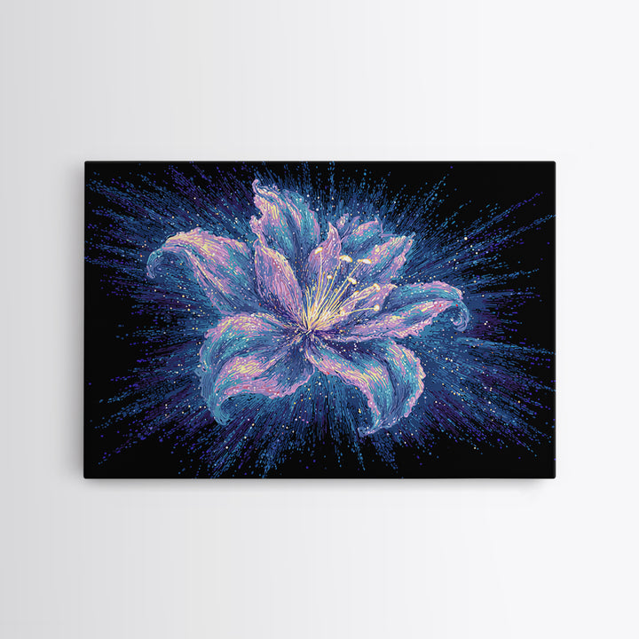 Electric Purple Lily Canvas Print, Glowing Botanical Flower, Cosmic Floral Wall Decor, Modern Abstract Art For Bedroom Decor