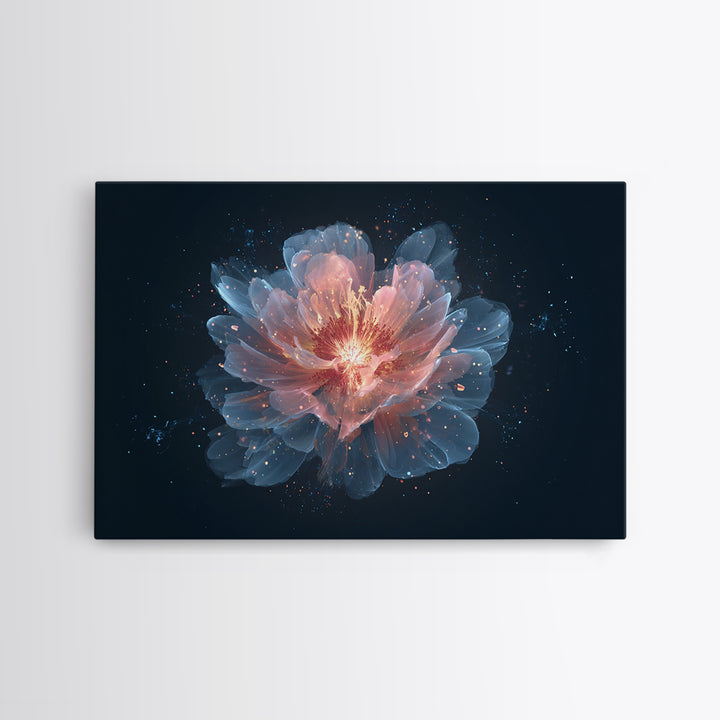 Luminous Peach Blue Blossom Framed Canvas Print, Ethereal Flower Wall Art, Modern Botanical Decor, Romantic Bedroom Art Print