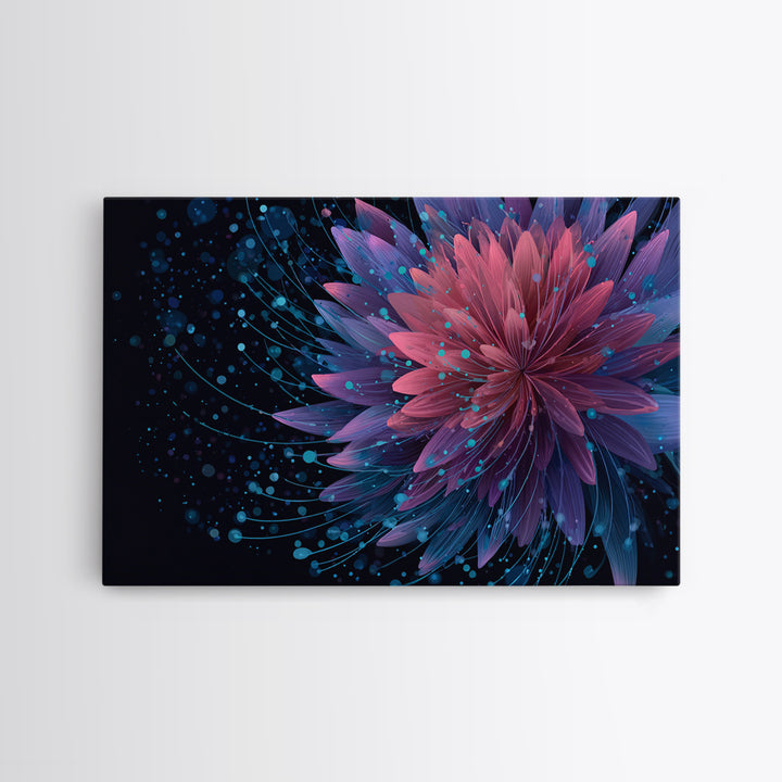 Magenta Purple Dahlia Wall Art, Electric Floral Abstract, Blue Splatter Botanical Poster, Modern Home Decor Canvas Print