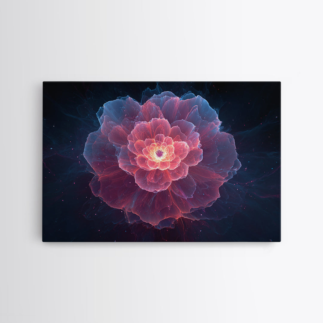 Glowing Pink Peony Canvas Print, Luminous Blue Floral Mandala, Modern Abstract Botanical Wall Art, Romantic Bedroom Decor