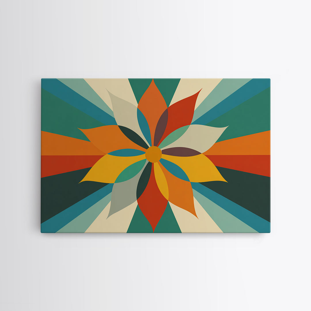 Geometric Orange Teal Flower Wall Art, Mid Century Modern Sunburst, Retro Atomic Floral Poster, Bold MCM Canvas Print Decor