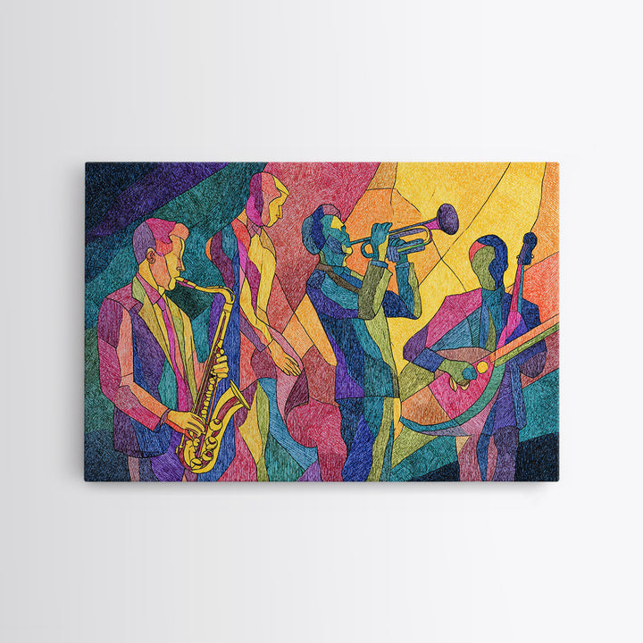 Colorful Cubist Jazz Band With Saxophone And Trumpet Wall Art, Midcentury Modern Art Print, Vibrant Music Room Decor, Poster