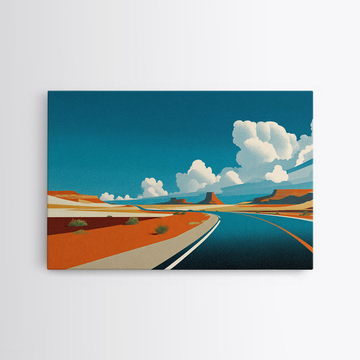 Retro Desert Highway Wall Art, Southwestern Road Landscape, Vintage Travel Poster Style, Mid Century Modern Canvas Print