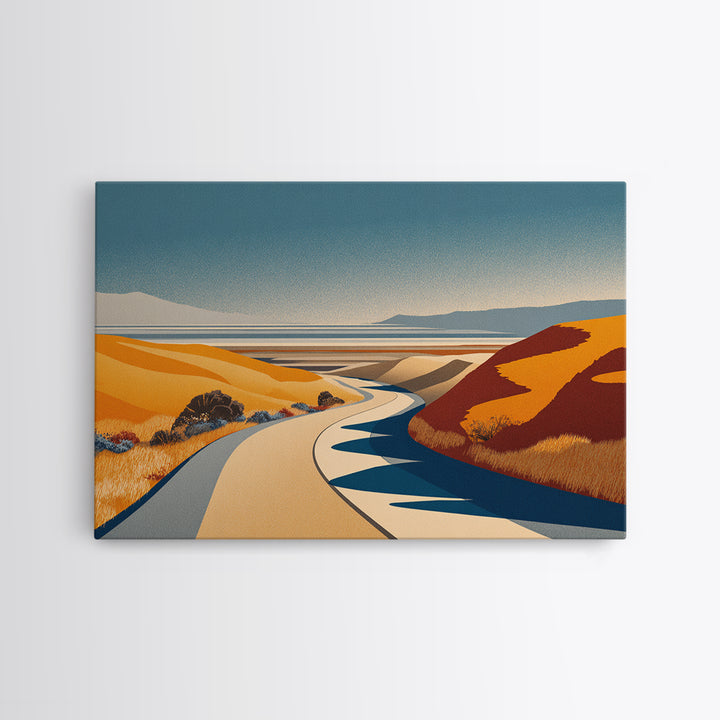 Golden Coastal Road And Orange Hills Wall Art, Midcentury Modern Desert Landscape, Retro Travel Poster, Scenic Home Decor